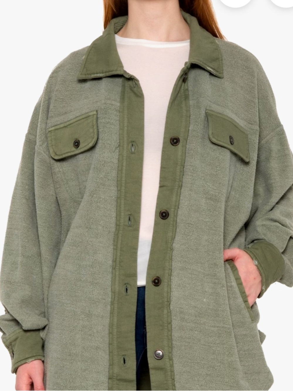 Free People Olive Green Button-Up Sherpa Jacket Oversized